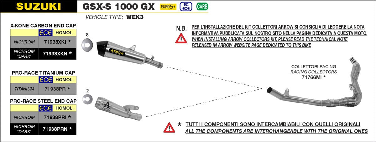Escape deslizante Arrow SX-Kone 71938XK, nicromo, para Suzuki GSX-S1000 21-24 / GX 2024 
