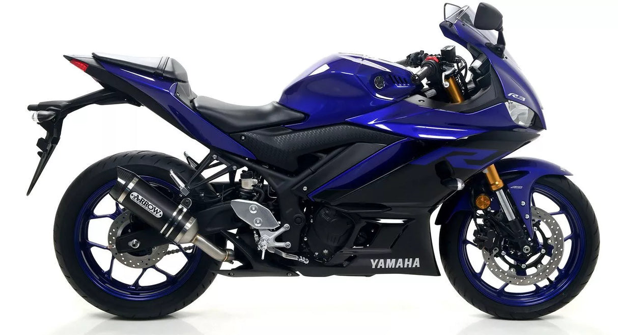 Silenciador Arrow Yamaha YZF-R3 2019-2025 de aluminio Dark Thunder homologado con tapa de carbono y tubo de enlace soldado 71894akn 